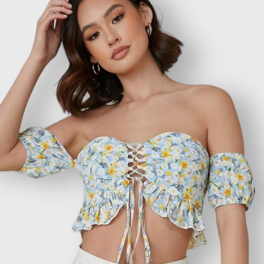 Blue Floral Off The Shoulder Crop Top